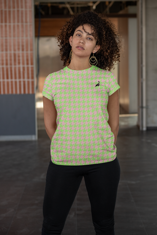 Elegant Soft Tee | Hound's Tooth | Pink & Green