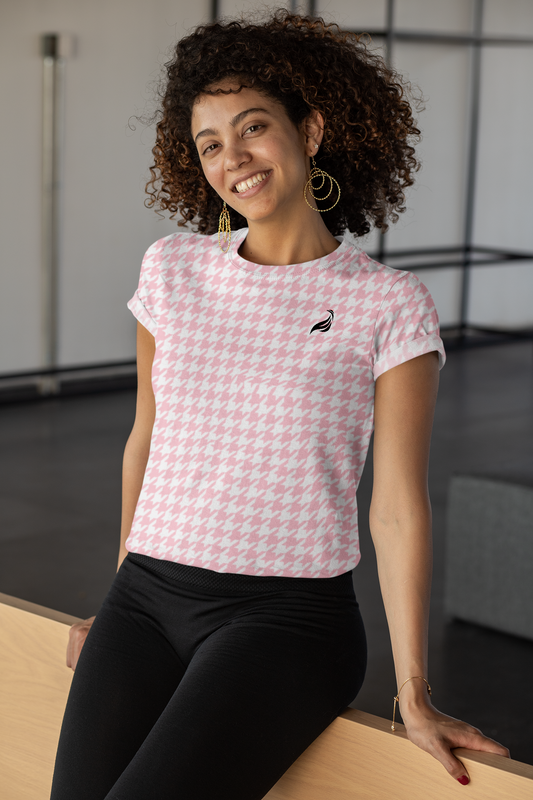 Elegant Soft Tee | Hound's Tooth | Pink & White