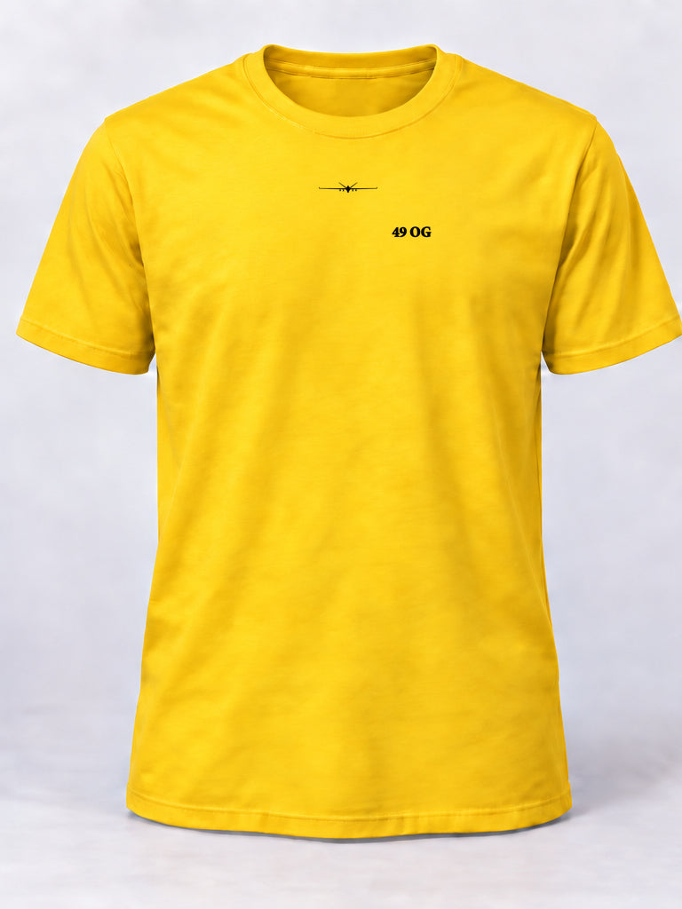 Yellow 49 OG morale shirt with a small black MQ-9 centered beneath the collar and 49 OG lettering on the left chest.