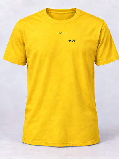 Yellow 49 OG morale shirt with a small black MQ-9 centered beneath the collar and 49 OG lettering on the left chest.