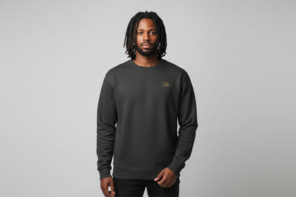 Dark gray sweatshirt with a small yellow logo on the chest against a black background