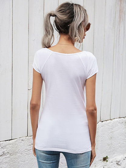 Summer short-sleeved t-shirt female simple slim hollow round neck solid color ladies top
